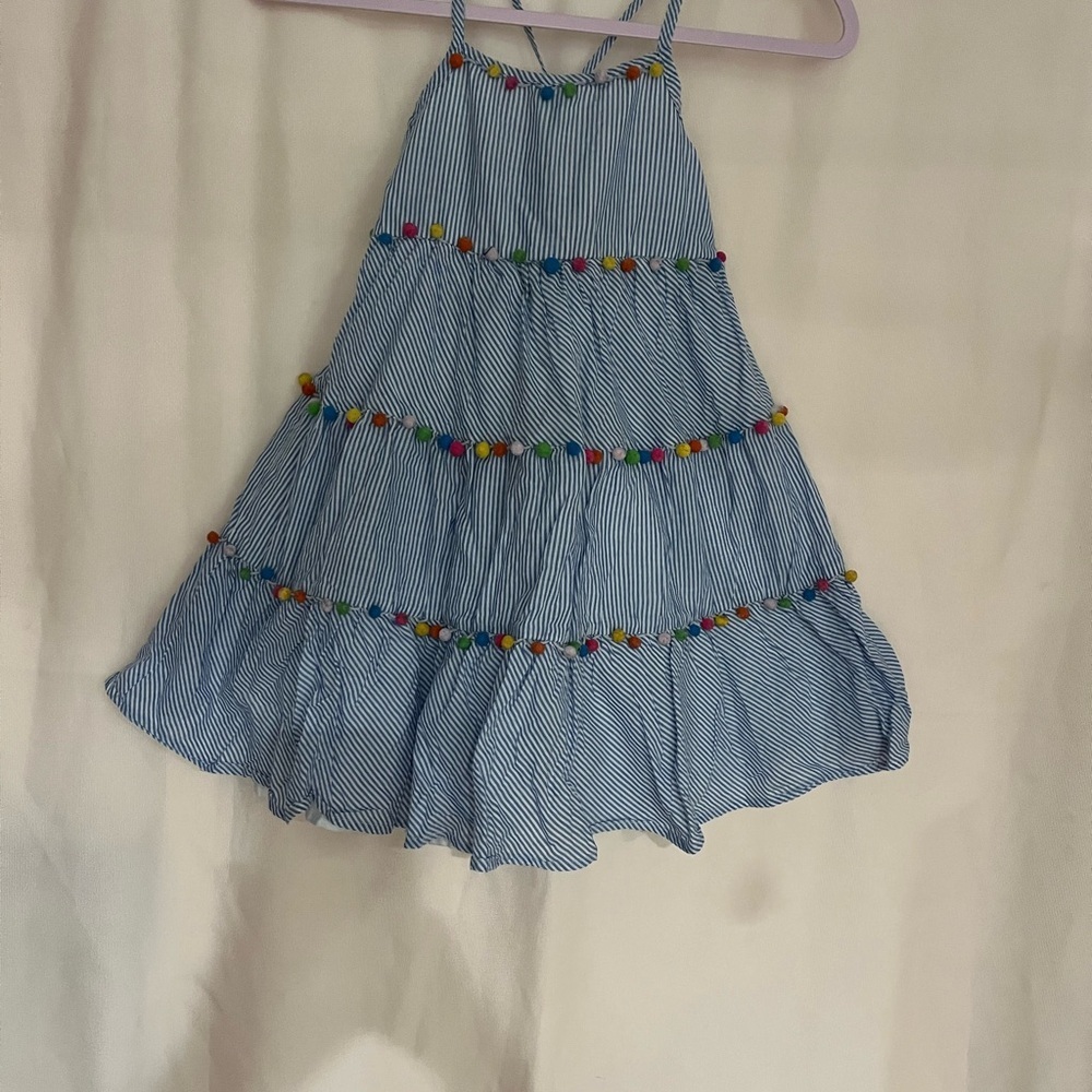 Striped Blue Kids Dress with Pom-Poms - Picture 2 of 8